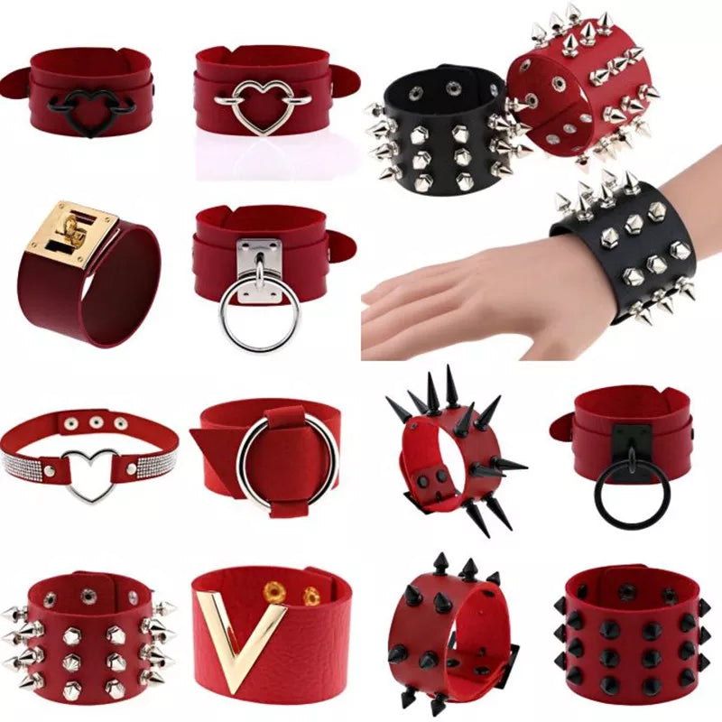 Boho Spike Rivets Bracelets For Women Punk Goth Red PU Leather Bracelet Cuff Bangles Studded Halloween Festival Jewelry Harajuku