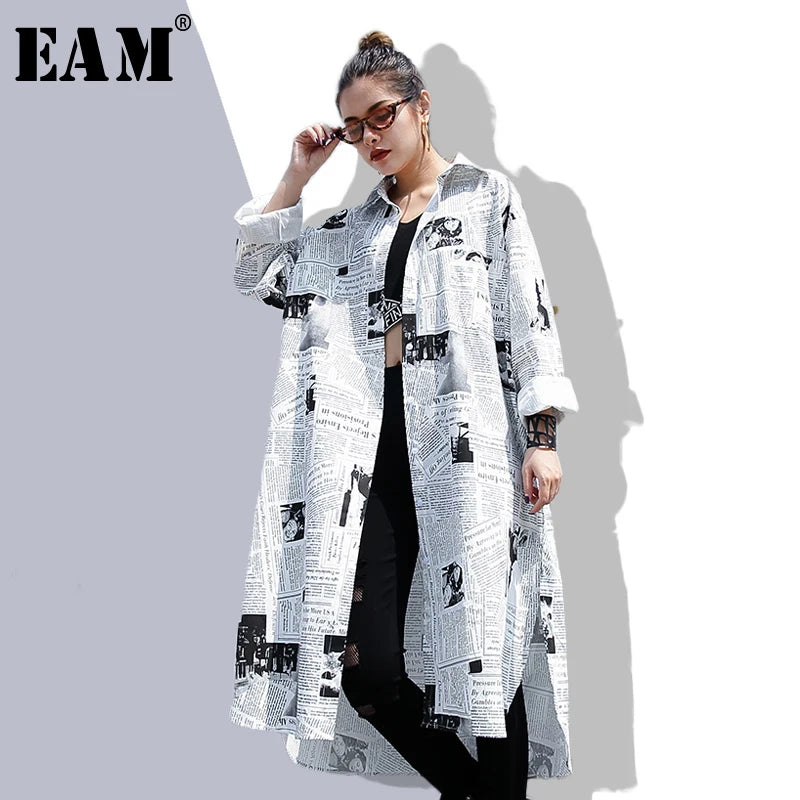 [EAM] 2022new Spring Autumn  Lapel Long Sleeve White Printed Loose Irregular Big Size Long Shirt Women Blouse Fashion Tide JF008
