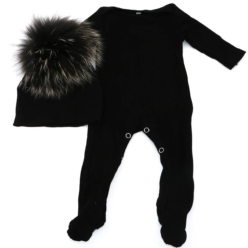 Baby Girls Real Fur pompom hat with Cotton Ribbed Bodysuits sets 0-3 month Baby Boy long sleeves Jumpsuit Outfits Clothes set
