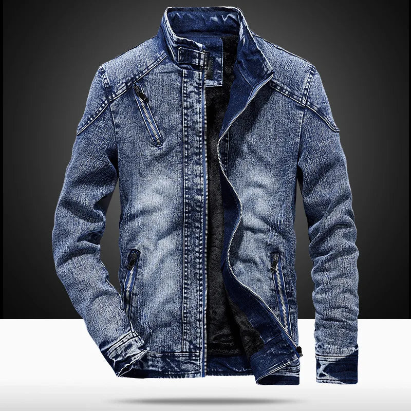 New Vintage Mens Denim Jacket Solid Casual Mens Jeans Coat Fashion Stand Clothes for Men Black Blue Bomber Jacket Men Stand