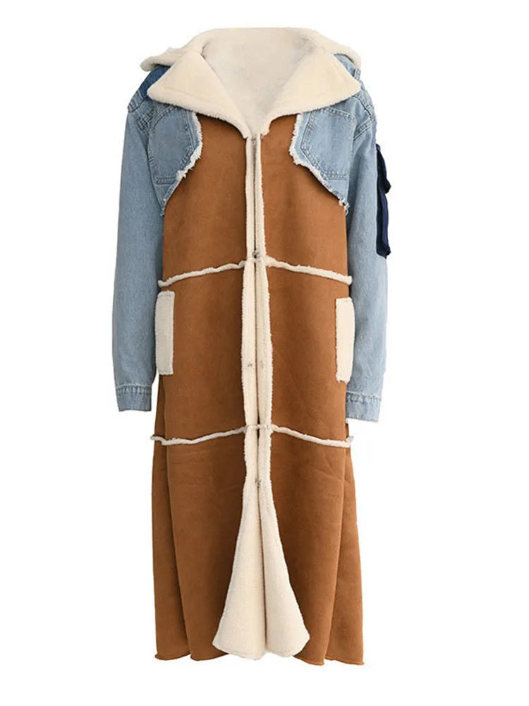 Autumn And Spring Turn-down Collar Patchwork Denim Long Coat