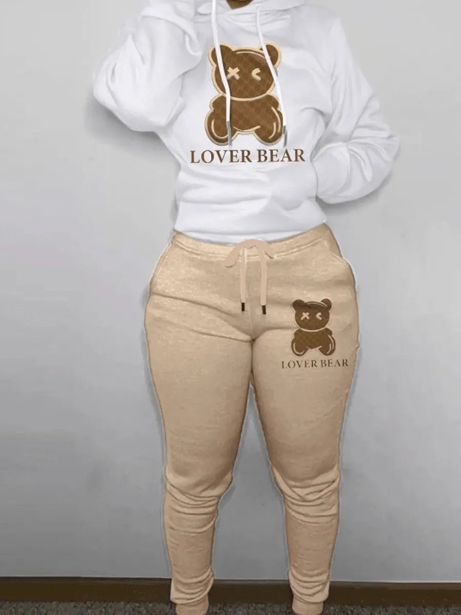 LW Lovely Bear Letter Print Kangaroo Pocket Tracksuit Set Long Sleeve Hoodie+Drawstring Trousers Women Two Pieces Matching Suits