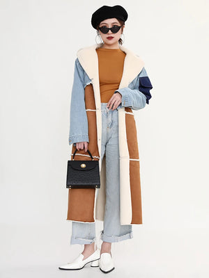 Autumn And Spring Turn-down Collar Patchwork Denim Long Coat