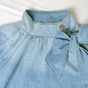2023 Autumn Winter Blue Denim Top Bubble Sleeve Button Lace-up Clothing Fashion Casual Elegant  Bow Belt Short Jacket for Street