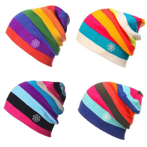 Harajuku Knitted Outdoor Snow Skiing Beanie Hat Hip Hop Stretch Rainbow Colorblock Striped Skull  for Men Women
