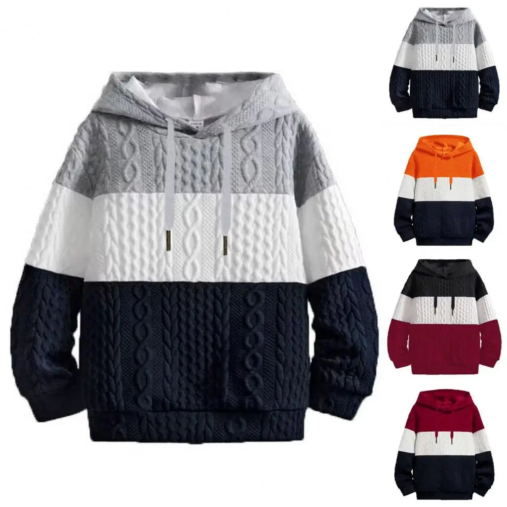 Pullover Hooded Sweatshirt Cozy Men's Colorblock Knitted Hoodie with Drawstring Elastic Cuffs Warm Loose Stylish Winter Top