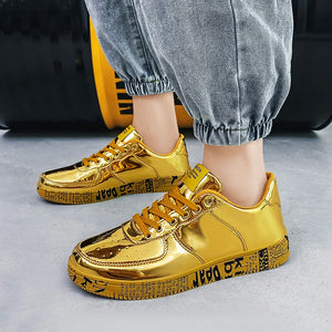 Spring New Men Shoes Fashion Gold Silver Patent Leather Casual Students Walking Shoes Skateboard Sneakers Plus Size Women Shoes