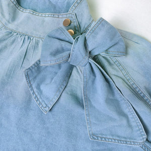 2023 Autumn Winter Blue Denim Top Bubble Sleeve Button Lace-up Clothing Fashion Casual Elegant  Bow Belt Short Jacket for Street