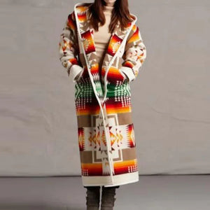 Womens 2022 Fashion Ethnic Style Boho Printed Hooded Long Coat Loose Outwear Match Colors New 2022 Plus Size S-5XL