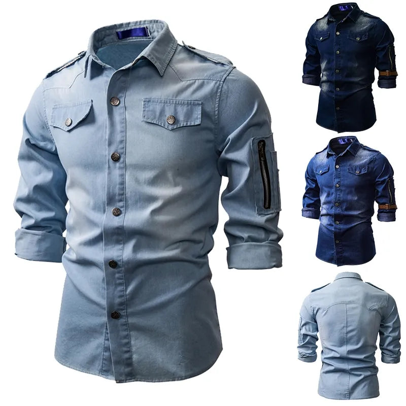 2023 New Men's Denim Turn-down Collar Shirt Coat Fashion Casual Daily Multi Pocket Button Shirt Thin Slim Men's Clothing