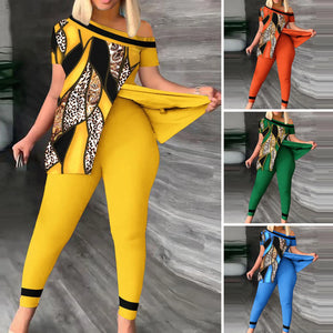 Summer Women Geometric Print Split Hem Top & Pants Set 2023 Femme Short Sleeve Casual Suits Lady Outfits Y2k Two Piece Set