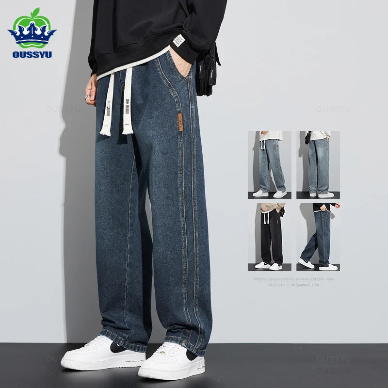 OUSSYU Brand Clothing New Design Cotton Jeans Men Baggy Elastic Waist Cargo Denim Pants Work Wide Leg Korean Trousers Male 4XL