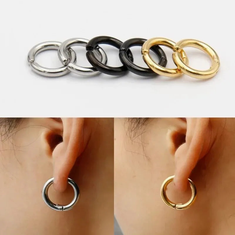 1 Pair No Pierced Fake Hoop Earrings Classic Punk Stainless Steel Circle Hoops Clip On Ear Earrings for Men Women Without Hole