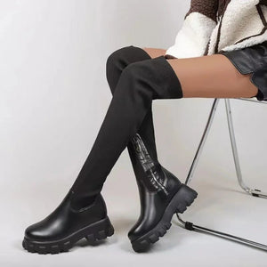 Women Thick Sole Boots 2023 Autumn Winter Breathable Knitting Sock Ladies Thigh High Boots Stretch Round Toe Shoes Plus Size 43