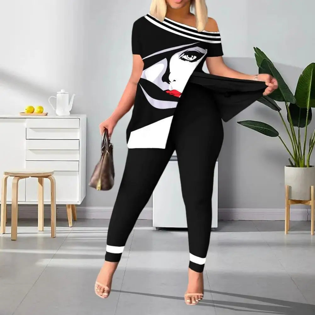 Summer Women Geometric Print Split Hem Top & Pants Set 2023 Femme Short Sleeve Casual Suits Lady Outfits Y2k Two Piece Set