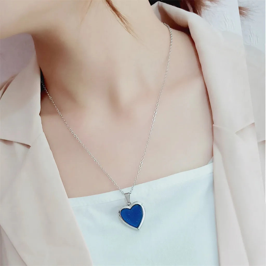 Heart Mood Locket Necklace Color Changing Necklace Temperature Mood Stainless Steel Love Shape Photo Pendant Necklace Jewelry