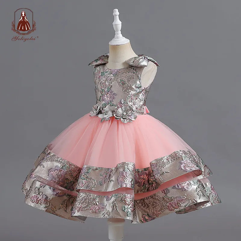 Yoliyolei Cool Designer Ball Dress Children Shoulder Bow Cute Kids Girls Clothes First Birthday Elegant Evening Girl Dress