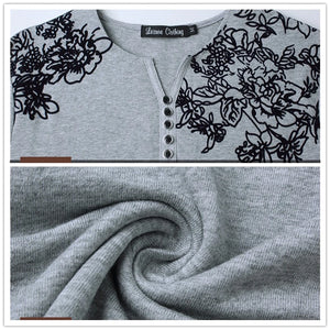 2022 Autumn Fashion Floral Print Men T-shirt Henry Collar Button Decorate Long Sleeve T-shirt for Men Tops Plus Size 5XL