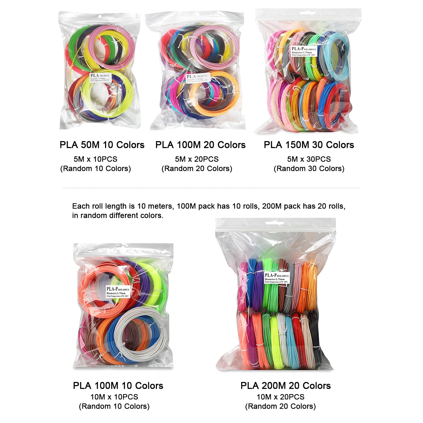 PCL PLA ABS Filament For 3D Pens 1.75mm Diameter 3D Printing Materials 50M/100M/150M/200M Pack