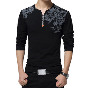 2022 Autumn Fashion Floral Print Men T-shirt Henry Collar Button Decorate Long Sleeve T-shirt for Men Tops Plus Size 5XL