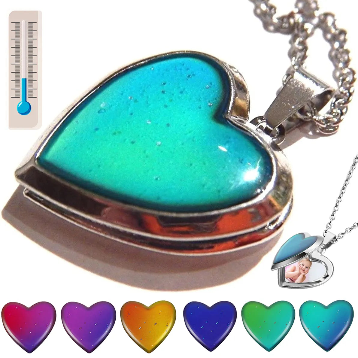 Heart Mood Locket Necklace Color Changing Necklace Temperature Mood Stainless Steel Love Shape Photo Pendant Necklace Jewelry