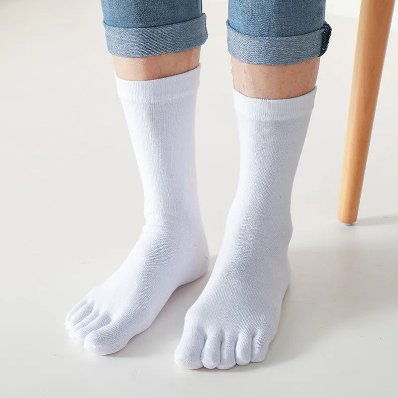 3 Pairs Plus Size Mens Long Five Finger Socks Solid Cotton Thick Sock Mid-Calf Toe Casual Business Office Socks Large Size 46 47