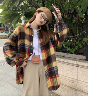 Qooth Women&#39;s Loose Plaid Blouse Spring Long Sleeve Student Check Blouses Casual Vintage Lady Tops Shirt Black Tops QH2220
