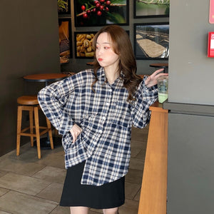 Qooth Women&#39;s Loose Plaid Blouse Spring Long Sleeve Student Check Blouses Casual Vintage Lady Tops Shirt Black Tops QH2220