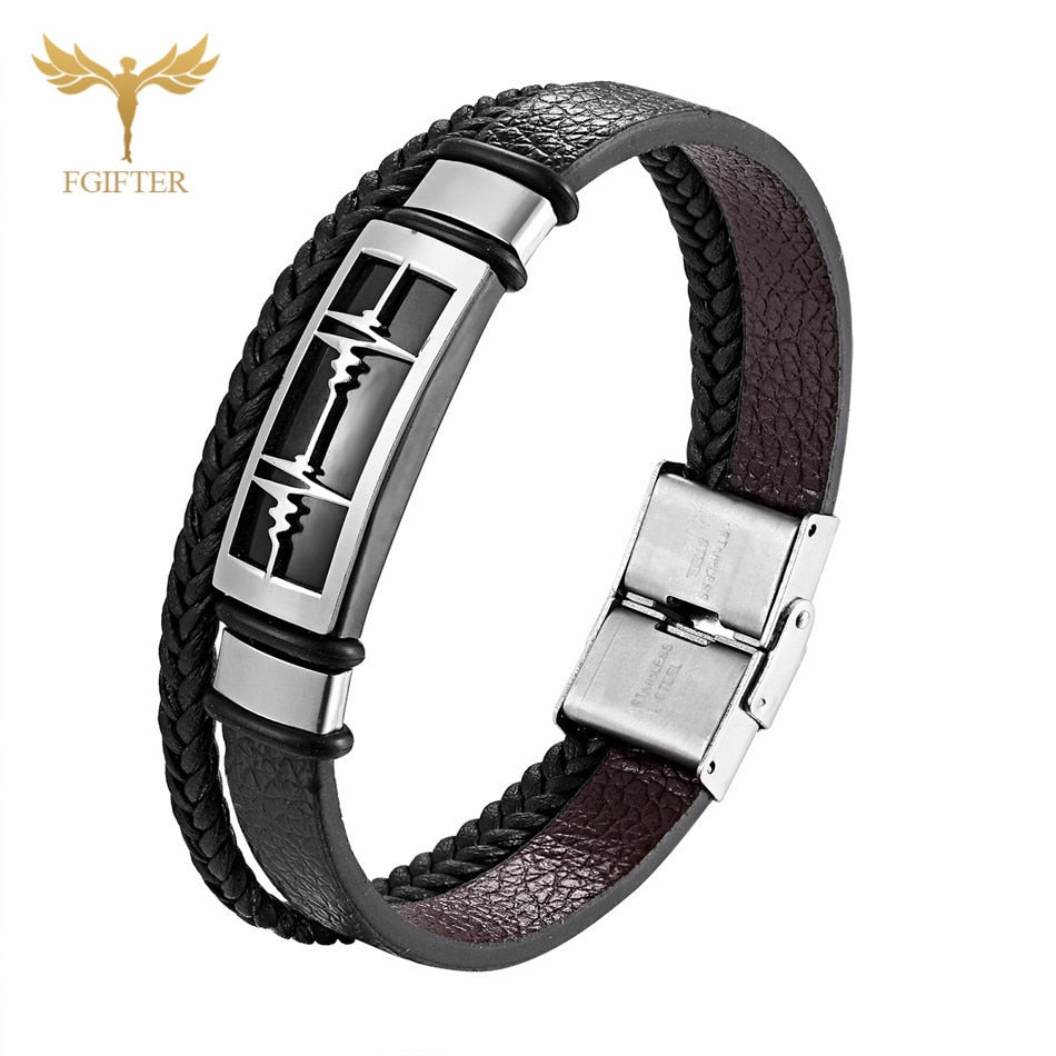 Multi Layer Black Leather Bracelets for Lovers Love Heart ECG Design Stainless Steel Cuff Bridal Bracelet Lovers' Couple Jewelry
